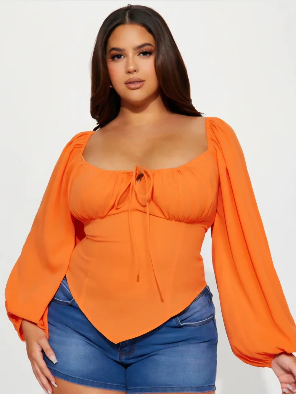 Fashion Nova Myrtie Peasant Top Bodycon Corset Shirt Bright Orange Size Medium